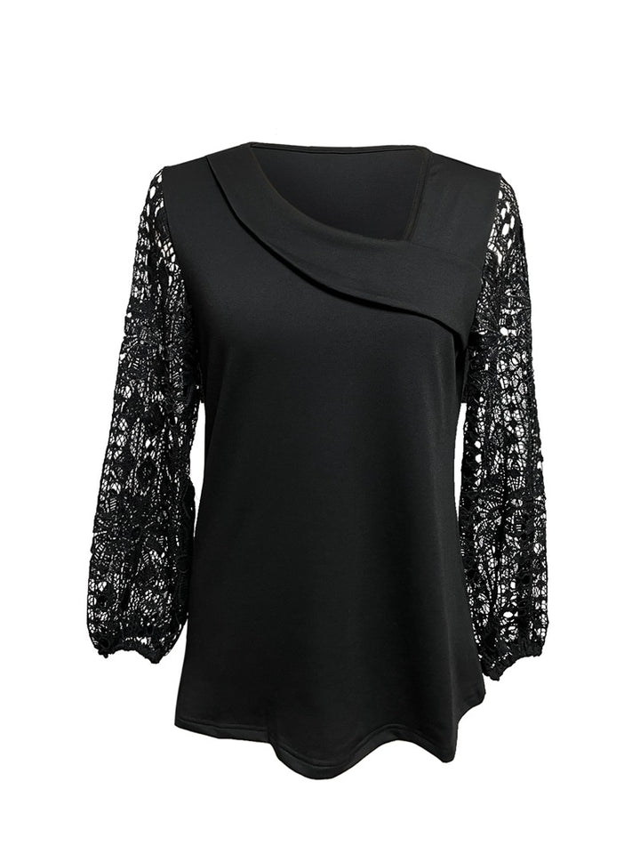 Ladies nan tunic top with asymmetrical waterfall yoke and floral lace balloon sleeves StylebySassy