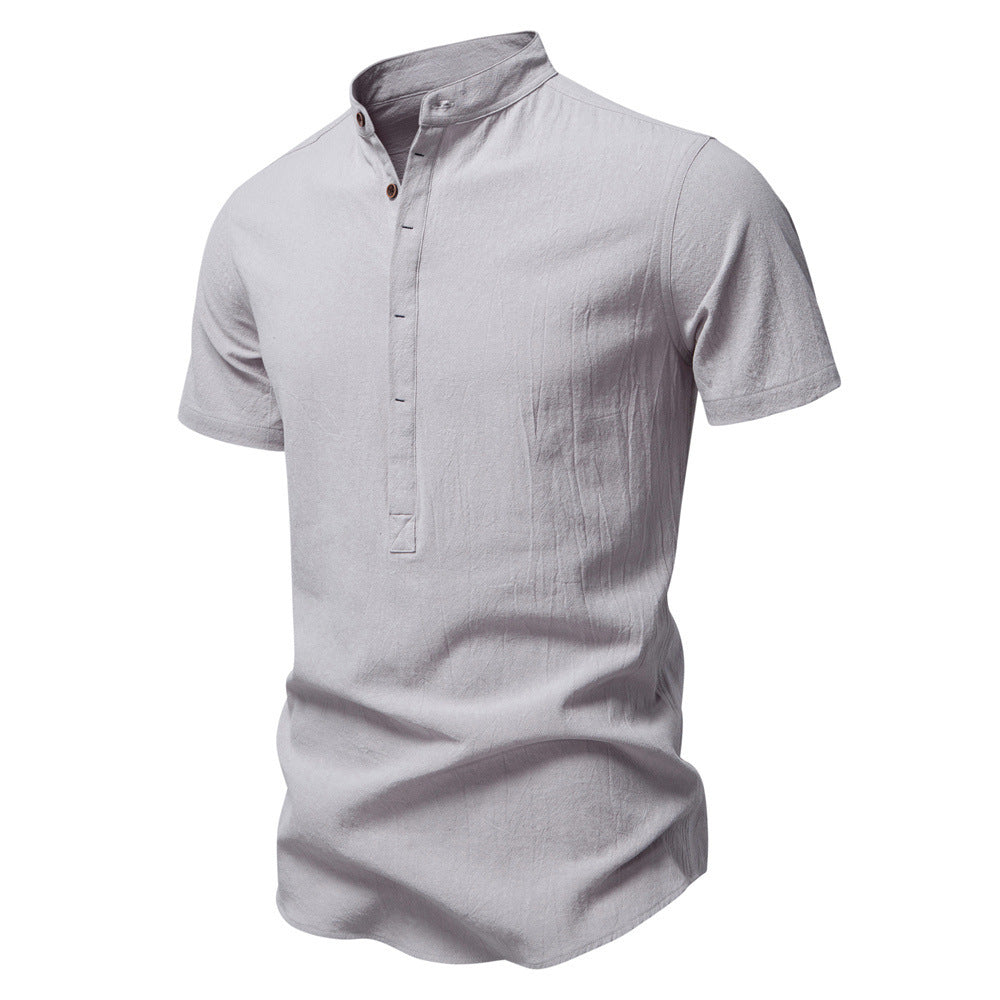 Men's casual short-sleeve shirt with stand-up collar, half button placket, and lightly textured cotton-linen quality StylebySassy