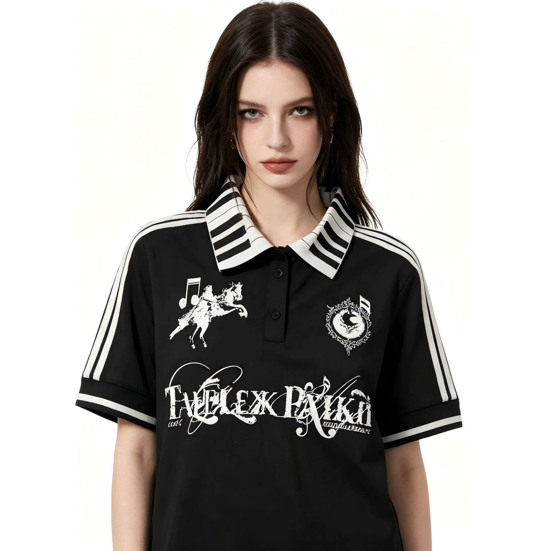 Women's polo shirt with creative print and striped pattern StylebySassy