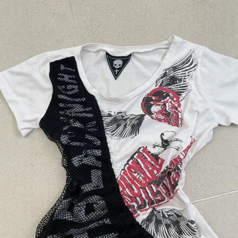 Women's casual T-shirt with unique graphic design and sporty mesh insert StylebySassy