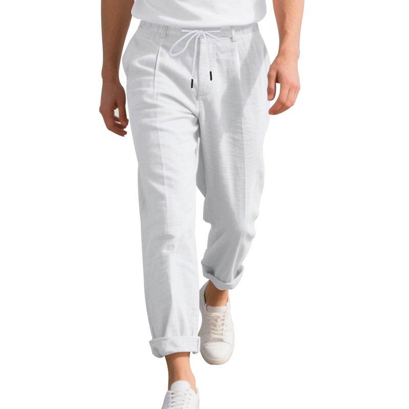 Men's beach-suitable linen blend lounge pants with elastic drawstring, subtle pleat, and rolled ankle hem StylebySassy