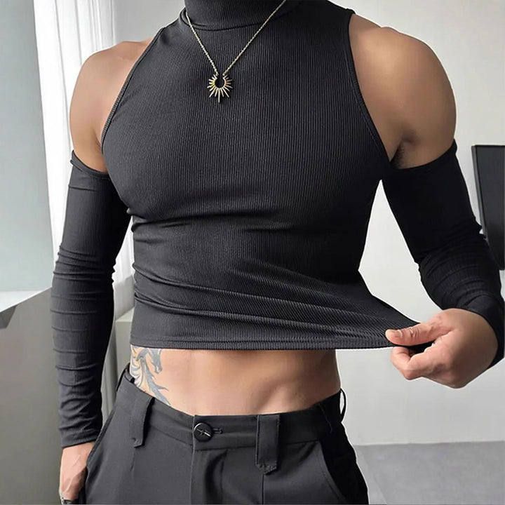 Women's fitted fine knit top with stand-up collar, shoulder cutouts, and long sleeves StylebySassy