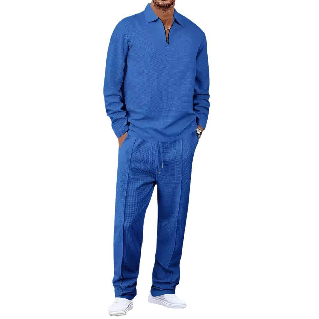 Unisex Nan Waffle Structure Leisure Set with Half-Zip Polo Shirt and Elastic Waist Pants StylebySassy