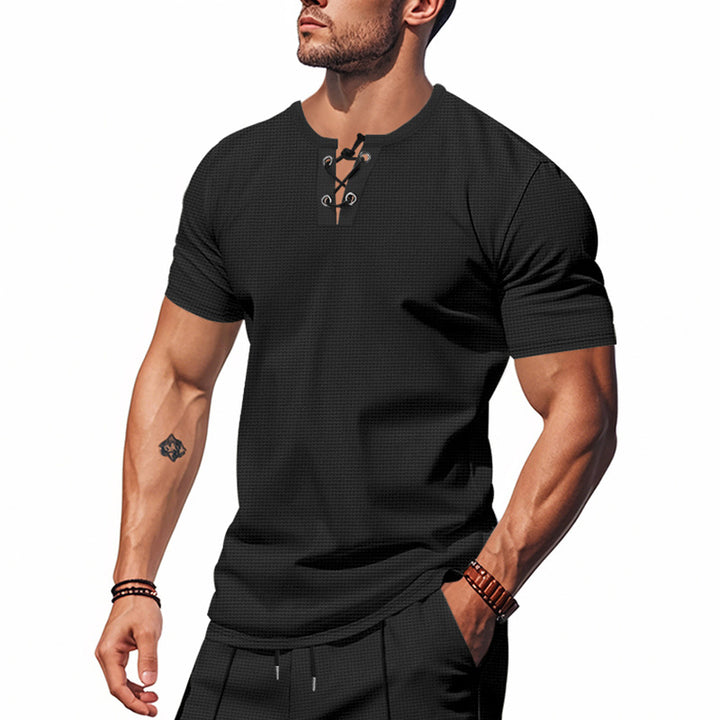 Men's short-sleeve shirt with lacing at the neckline and waffle texture StylebySassy