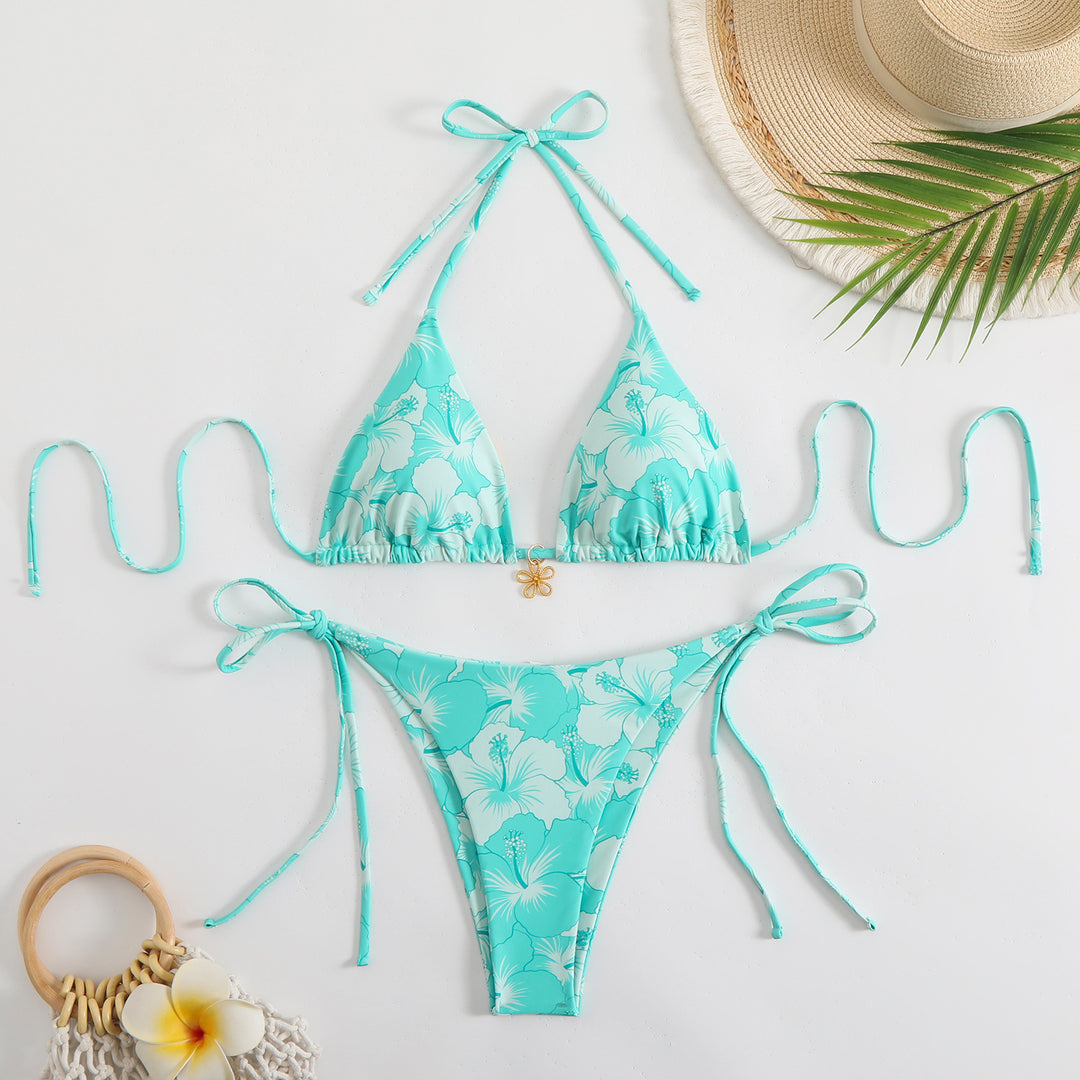 Women's Triangle Bikini Set with Floral Design and Playful Ties StylebySassy