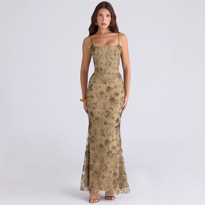 Ladies embroidered corset evening dress with transparent lace and figure-hugging silhouette StylebySassy