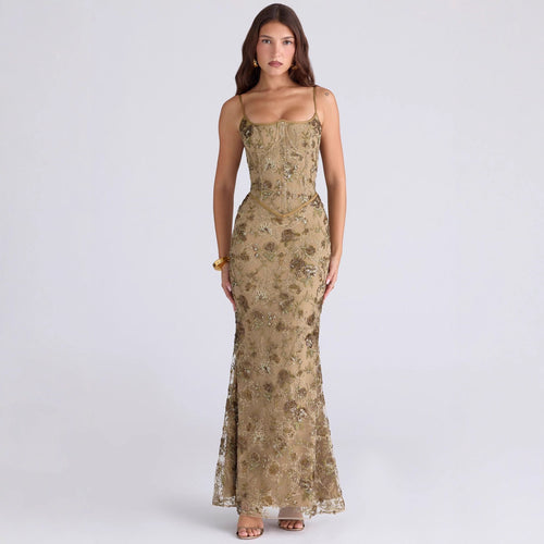 Ladies embroidered corset evening dress with transparent lace and figure-hugging silhouette StylebySassy