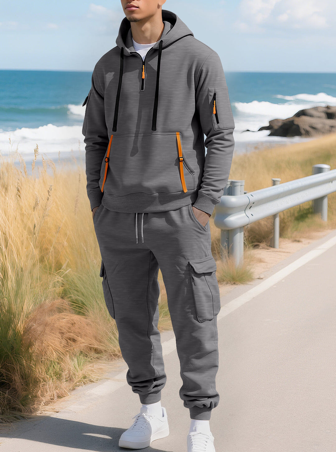 Men's casual half-zip hoodie with kangaroo pocket and cargo jogging pants with zipper details StylebySassy