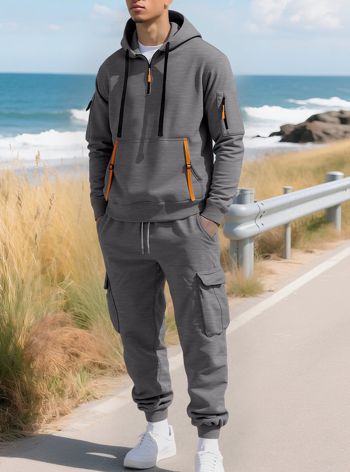 Men's casual half-zip hoodie with kangaroo pocket and cargo jogging pants with zipper details StylebySassy