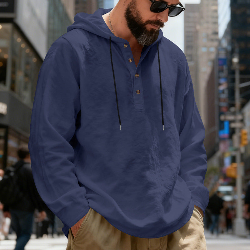 Men's lightweight hooded shirt with button placket made of linen blend and relaxed fit StylebySassy