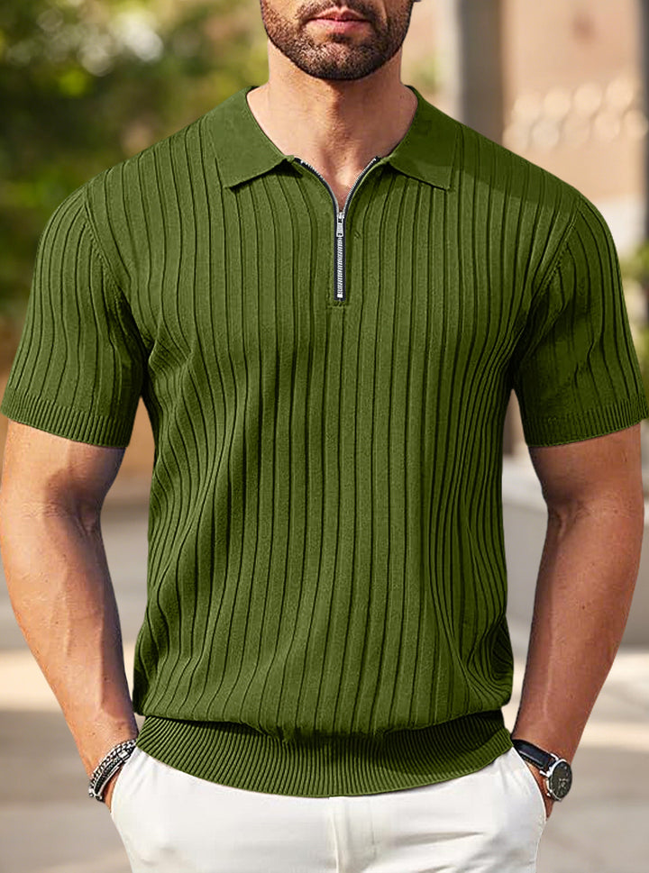 Men's elegant structured short sleeve knit polo with short metal zipper and shirt collar StylebySassy