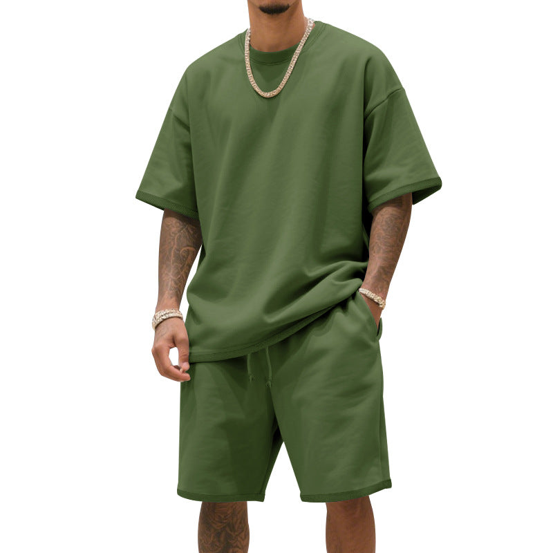 Men's relaxed jersey set with extended round neck t-shirt and elastic drawstring shorts StylebySassy