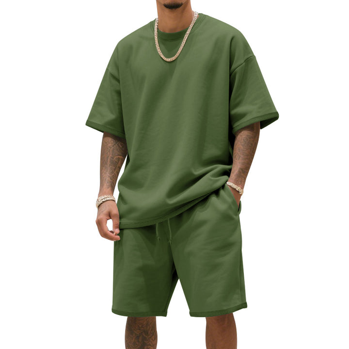Men's relaxed jersey set with extended round neck t-shirt and elastic drawstring shorts StylebySassy