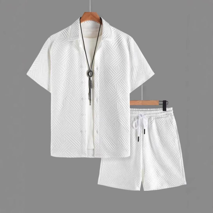 Men's nan geometric embossed short sleeve shirt and Bermuda two-piece set with shirt collar and drawstring StylebySassy