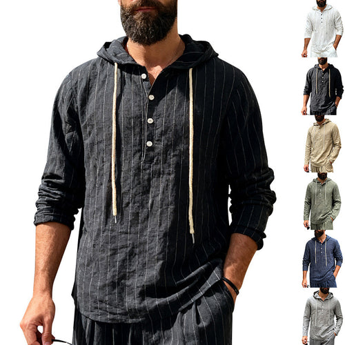 Men's linen blend hoodie shirt with half button placket and pinstripes StylebySassy