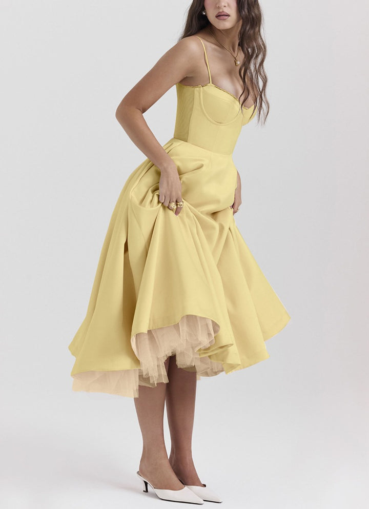 Women's tailored retro-inspired midi dress with corset underbust seams, flared skirt, and side pockets StylebySassy