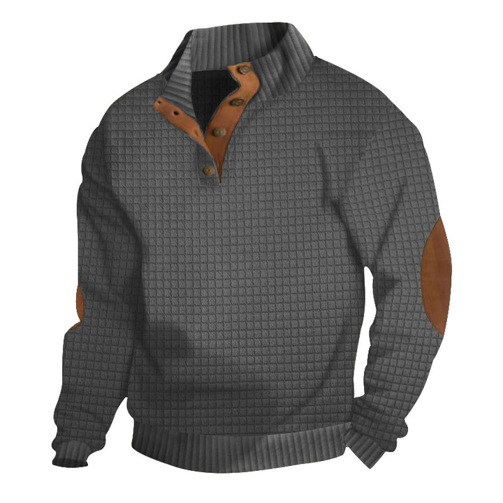 Men's waffle structure troyer with stand-up collar, button placket and nappa leather elbow patches StylebySassy