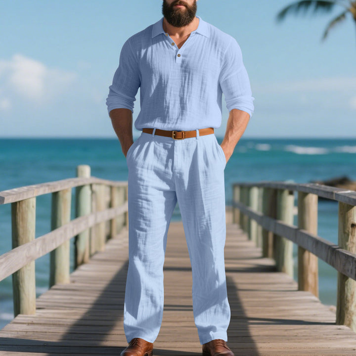 Men's airy linen two-piece set with V-neck shirt and loose pleated trousers StylebySassy
