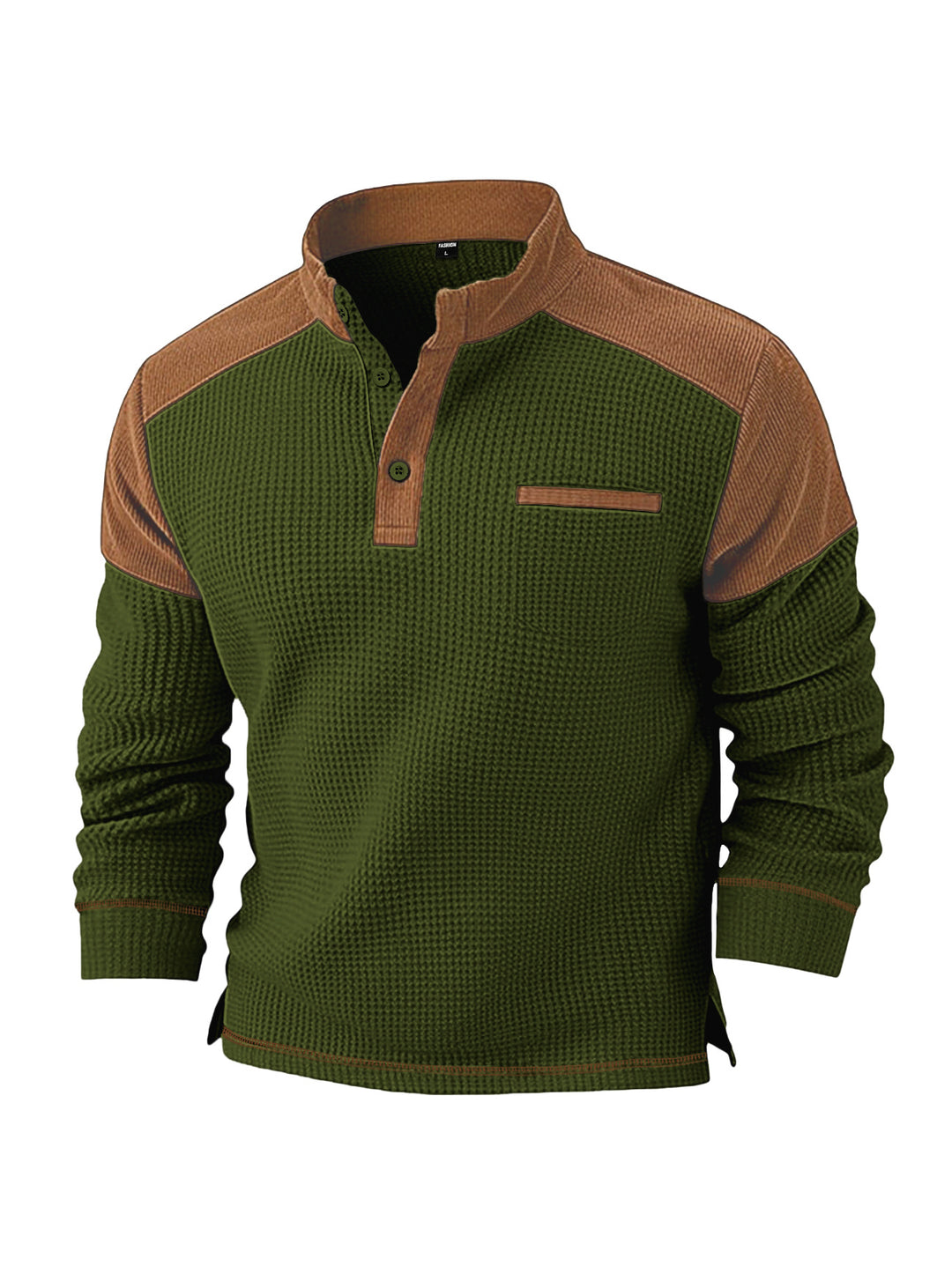Men's waffle knit henley with stand-up collar, cord shoulder yoke and chest piping StylebySassy