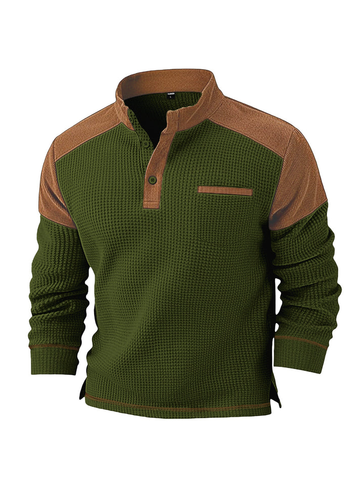 Men's waffle knit henley with stand-up collar, cord shoulder yoke and chest piping StylebySassy