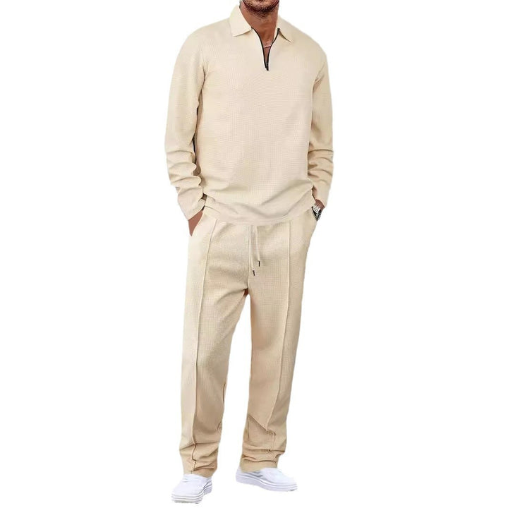 Unisex Nan Waffle Structure Leisure Set with Half-Zip Polo Shirt and Elastic Waist Pants StylebySassy