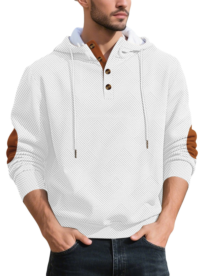 Men's structured hoodie henley pullover with jacquard texture, button placket, and elbow patches StylebySassy