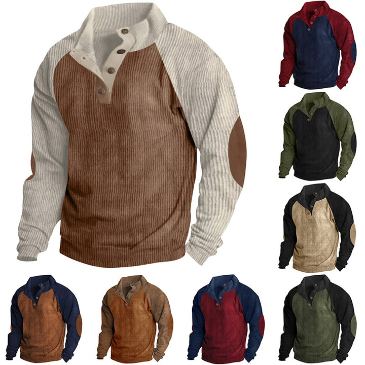 Men's corduroy half-button pullover with high collar, raglan sleeves and elbow patches StylebySassy