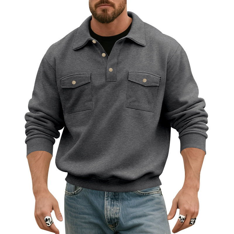 Men's polo collar sweatshirt with patch chest pockets and ribbed cuffs StylebySassy