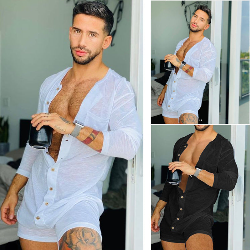 Men's comfortable short overall with round neck, continuous wooden button placket and chest pocket StylebySassy