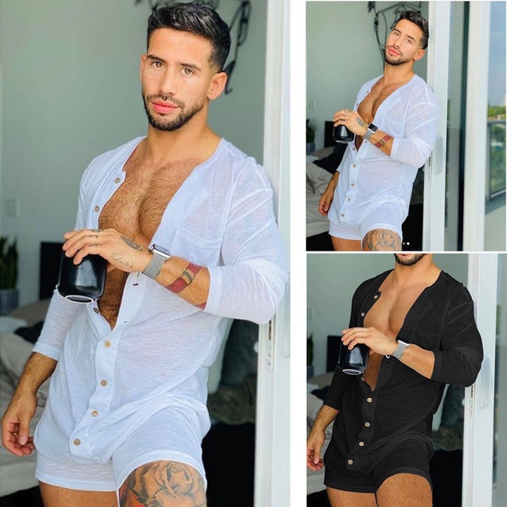 Men's comfortable short overall with round neck, continuous wooden button placket and chest pocket StylebySassy