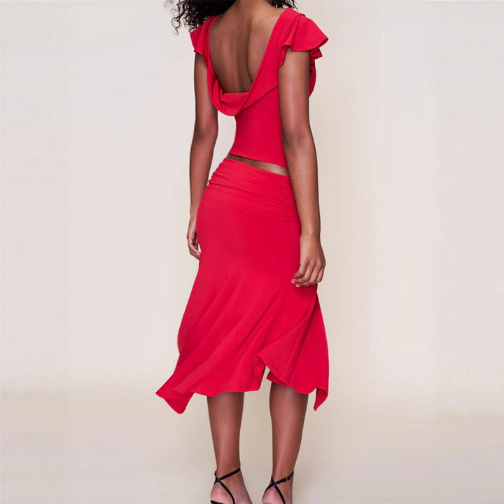 Women's elegant top with ruffle details and asymmetrical skirt StylebySassy