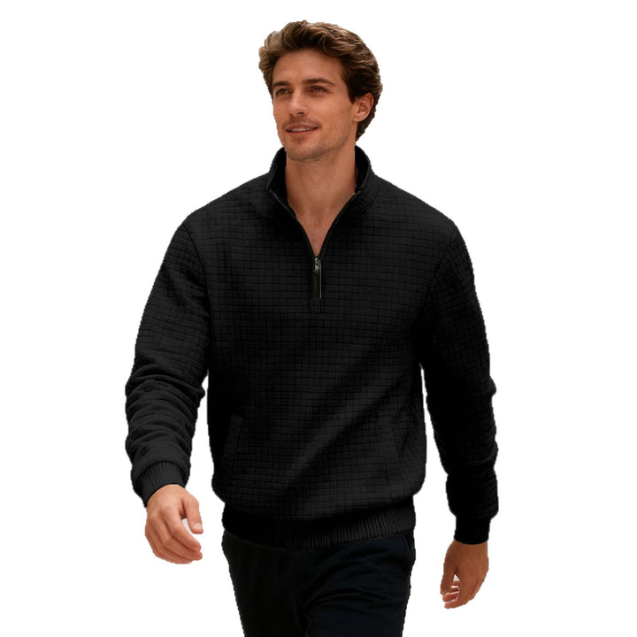Men's quilted half-zip sweater with square waffle texture and kangaroo pocket StylebySassy
