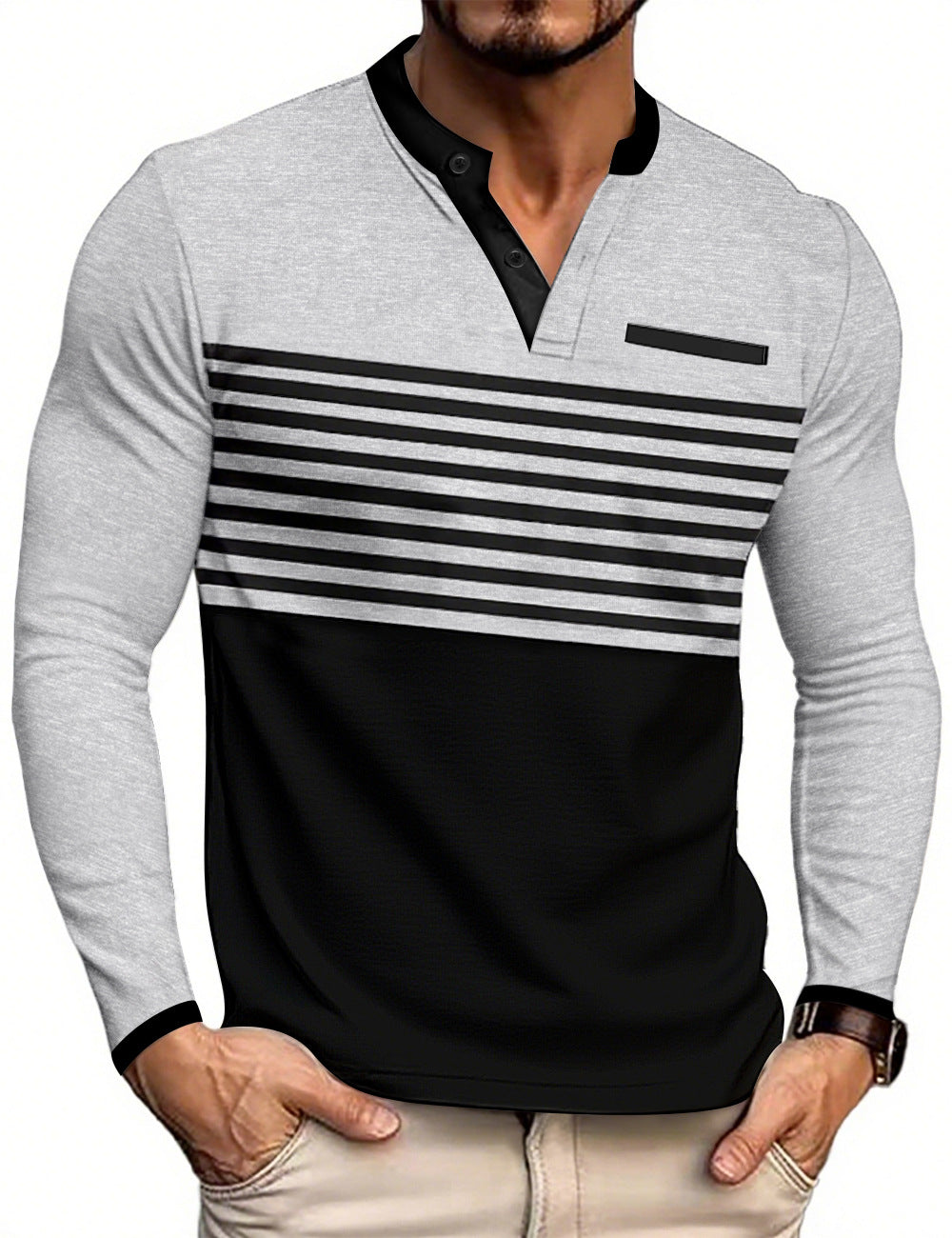 Men's modern long sleeve polo with Henley placket striped chest part and stand-up collar StylebySassy