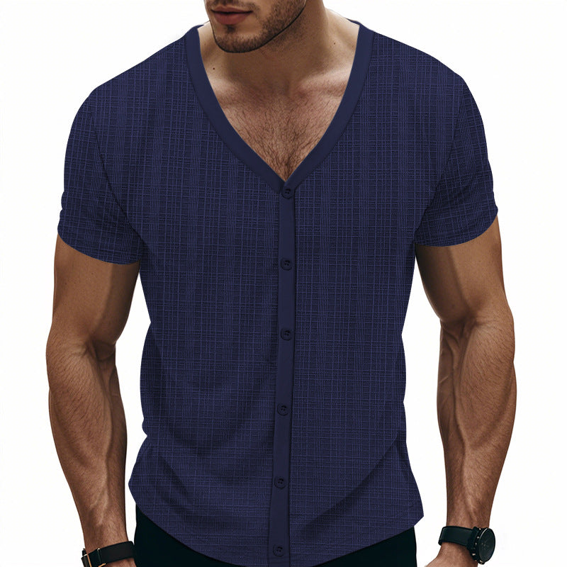 Men's short-sleeve fine knit cardigan with V-neck and continuous button placket StylebySassy