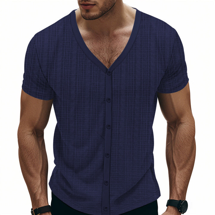 Men's short-sleeve fine knit cardigan with V-neck and continuous button placket StylebySassy