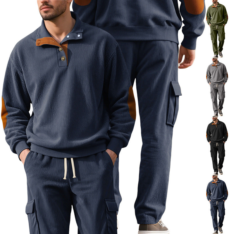 Men's structured turtleneck pullover with stand-up collar, press stud placket, and velour elbow patches StylebySassy