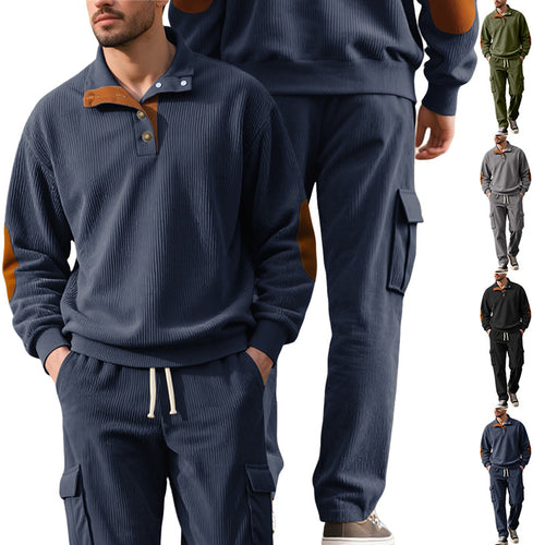 Men's structured turtleneck pullover with stand-up collar, press stud placket, and velour elbow patches StylebySassy