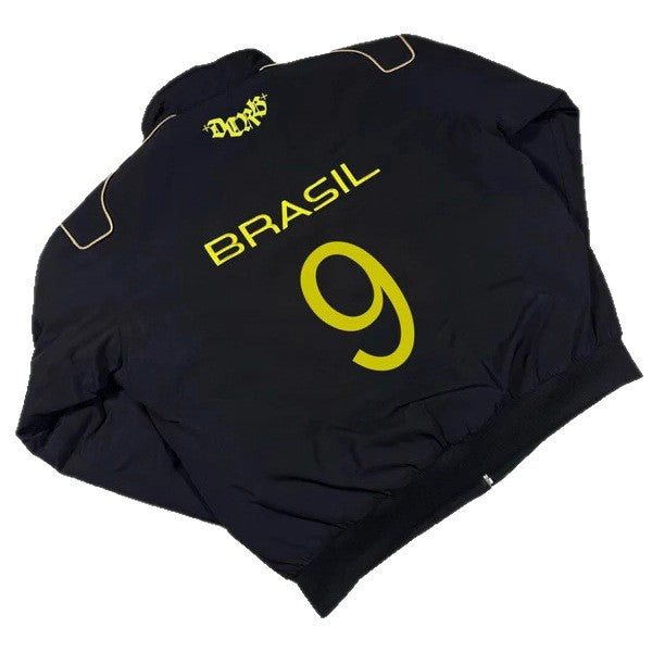 Unisex nan sporty retro training jacket with stand collar zipper chest emblem and Brazil lettering StylebySassy