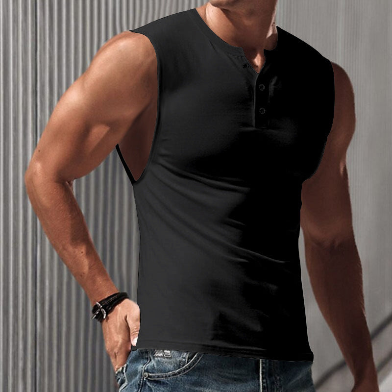 Men's sleeveless muscle shirt with Henley button placket, deep armhole, and elastic cotton blend StylebySassy
