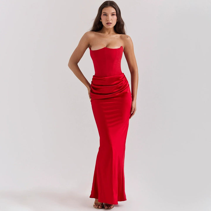 Women's strapless corset evening dress with contoured bodice construction and elegant hip draping StylebySassy