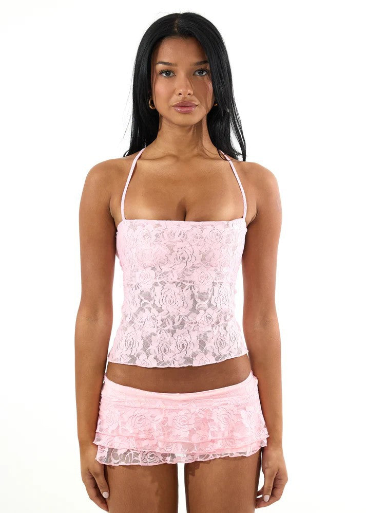 Ladies Spaghetti Strap Crop Top with Lace Pattern StylebySassy