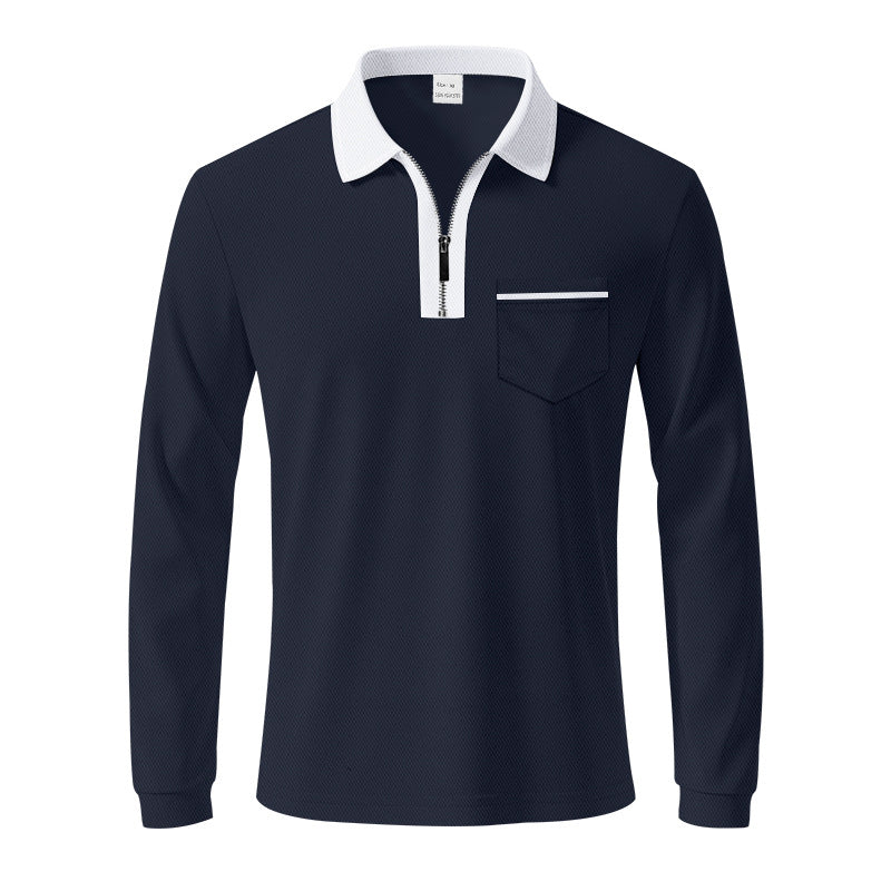 Men's long-sleeved polo with half zip, patch chest pocket, and fine structure jersey quality StylebySassy