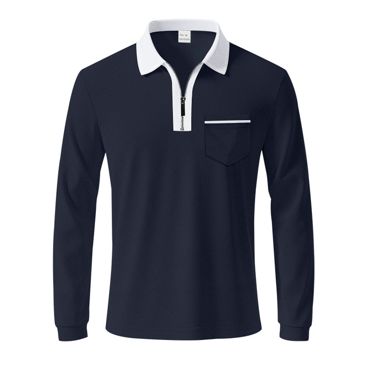 Men's long-sleeved polo with half zip, patch chest pocket, and fine structure jersey quality StylebySassy