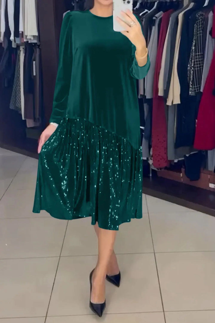 Women's Velvet Midi Dress with Pleated Sequin Skirt, Loose A-Line Cut and Round Neckline StylebySassy