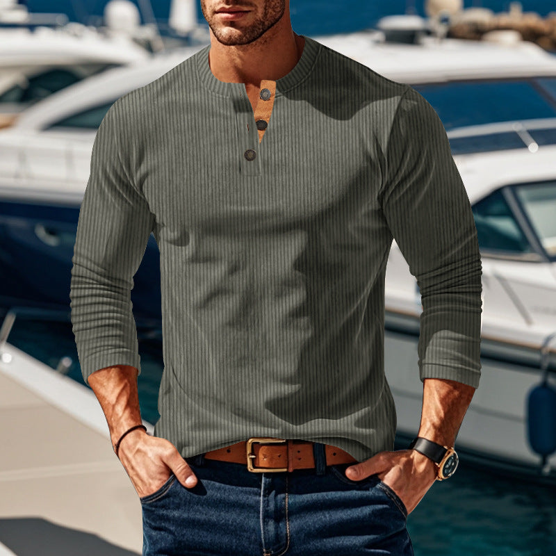 Men's knitted long sleeve henley pullover with short stand-up collar and decorative button placket StylebySassy