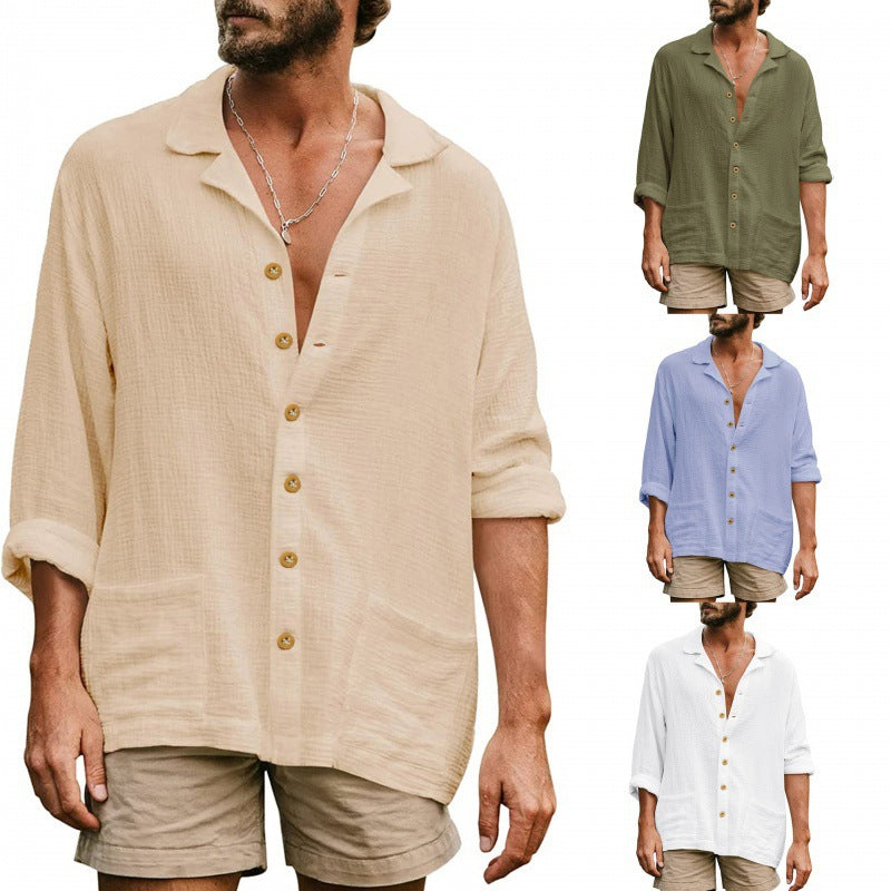 Men's airy cotton gauze shirt with open lapel collar, full button placket, and patch pockets StylebySassy