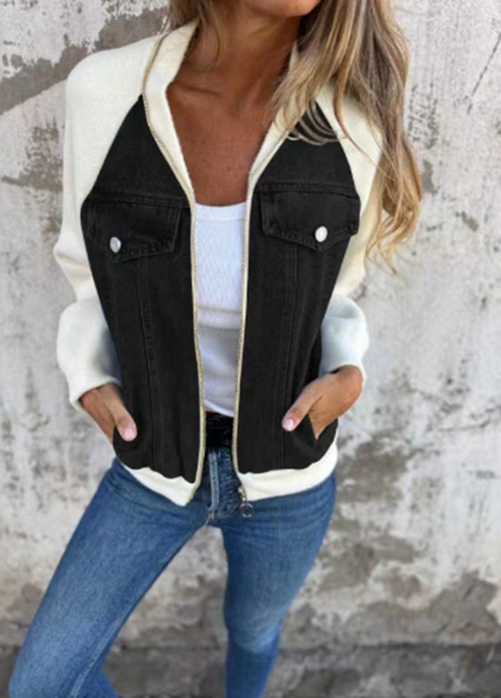 Women's Sweat-Jeans-Bomber Jacket with Raglan Sleeves, Breast Pockets, and Zipper StylebySassy
