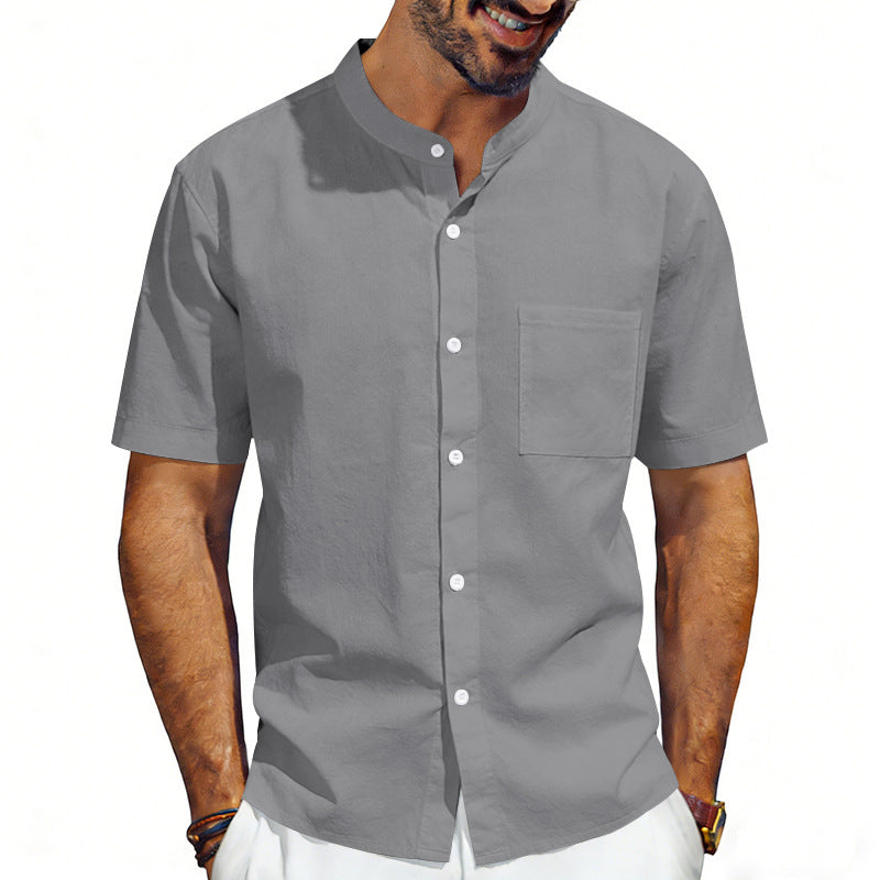Men's short-sleeved linen shirt with stand-up collar and chest pocket StylebySassy