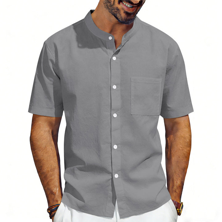 Men's short-sleeved linen shirt with stand-up collar and chest pocket StylebySassy