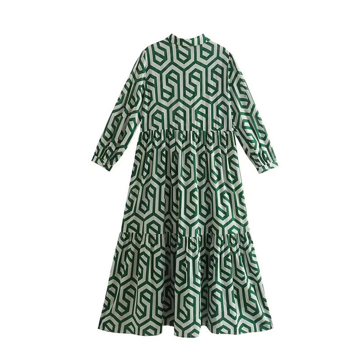 Women's long shirt collar tiered dress with geometric allover print and gathered waist yoke StylebySassy